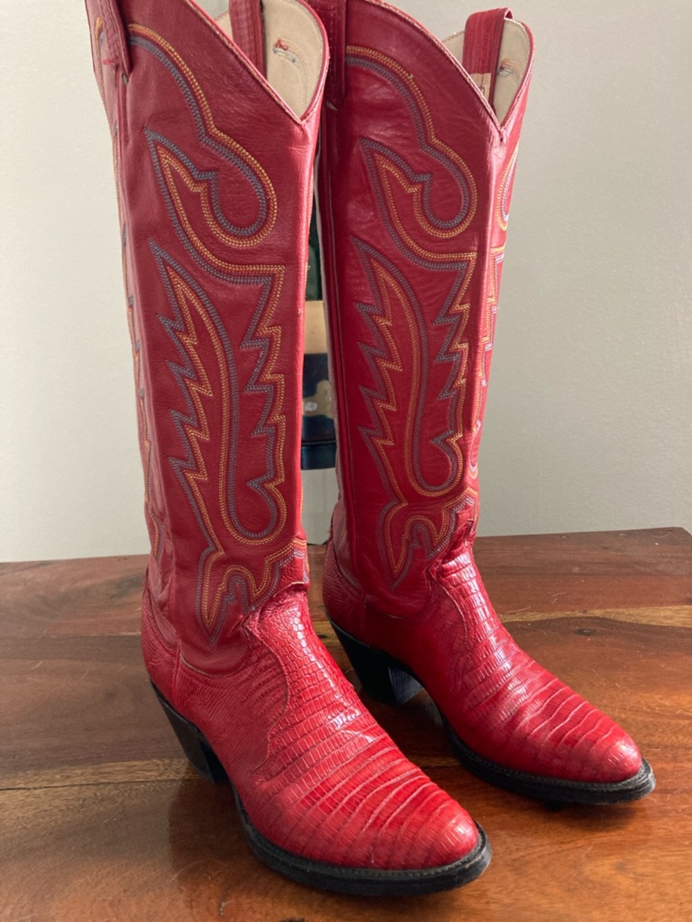 Larry Mahan Vintage Solid Red Lizard Knee High Cowboy Boots Womens Size B6N